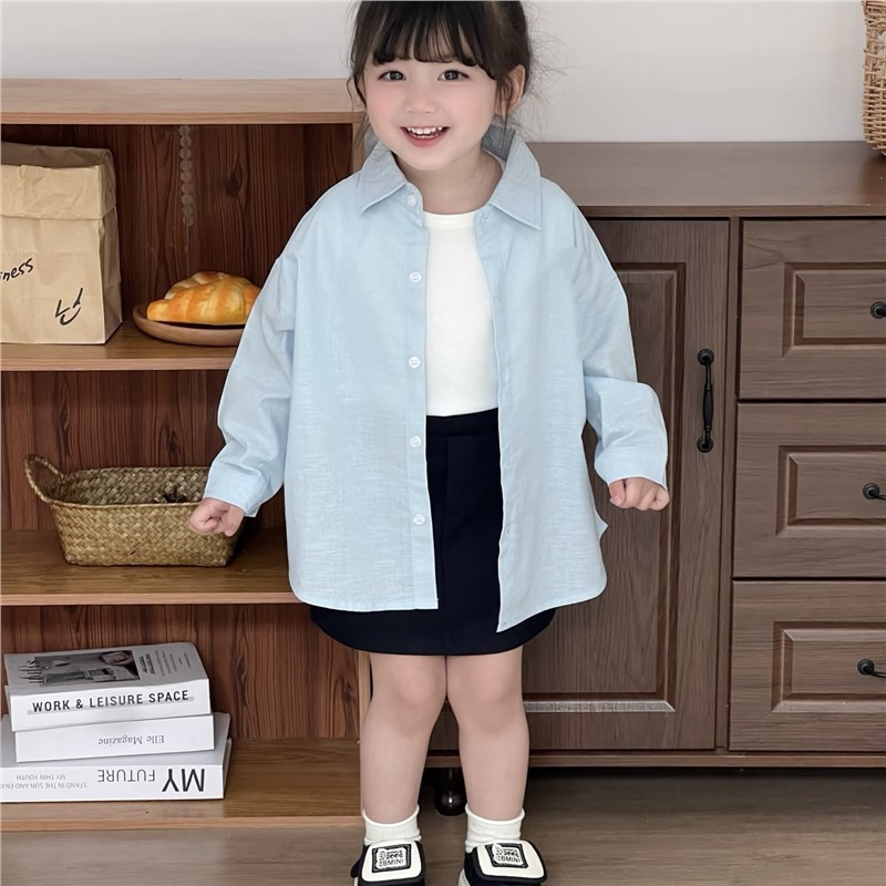 2025 New Style Girls' Shirt, Stylish Long-Sleeved Shirt, Sweet Blue Top for Baby Girls