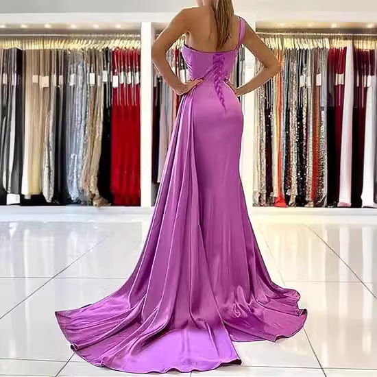 Nuevo europeo y americano Comercio exterior Amazon AliExpress deseo vestido de noche sexy un hombro solo satén adelgazamiento vestido largo