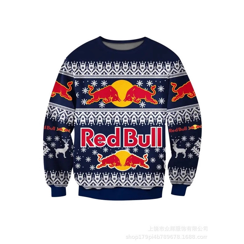 Christmas Export Hot-Selling Round Neck Sweater Marlboro Red Bull Racing Style 3D Printing Process Round Neck Sweatshirt