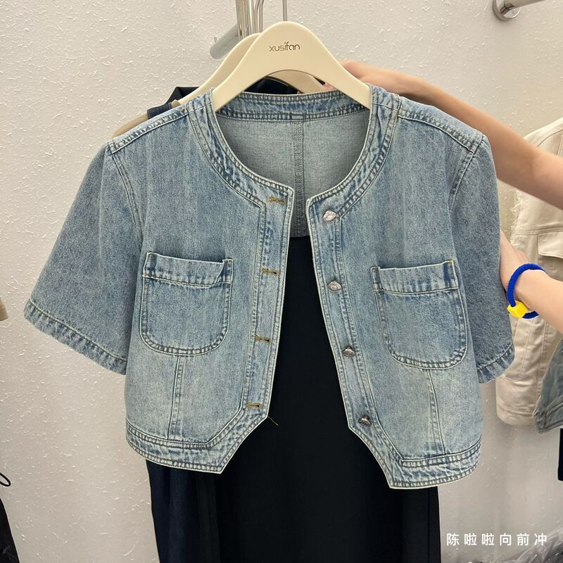 Short Denim Jacket for Women 2025 Spring & Fall New Summer Thin Short-Sleeved Shirt for Small People with Dress Top