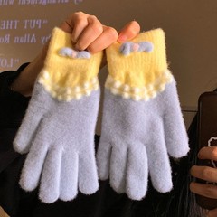 蓝色毛绒针织五指手套女秋冬季保暖可爱加绒加厚骑车防寒2025新款