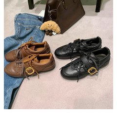葡萄妈同款内增高德训鞋女羊皮运动鞋圆头软面撞色系带百搭休闲鞋