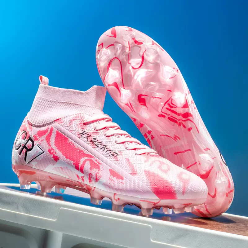 跨境高帮足球鞋男女儿童青少年学生TF碎钉人造草坪皮足训练运动鞋