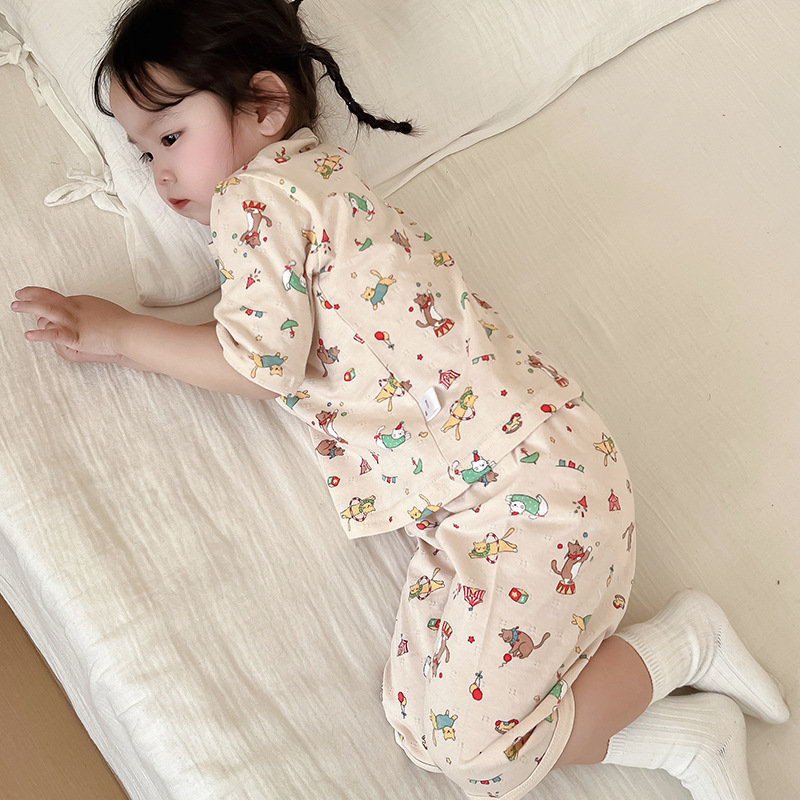 2026 New Summer Pure Cotton Girls' Pajama Set Children's Three-Quarter Sleeve Pants Baby Loungewear Breathable Thin