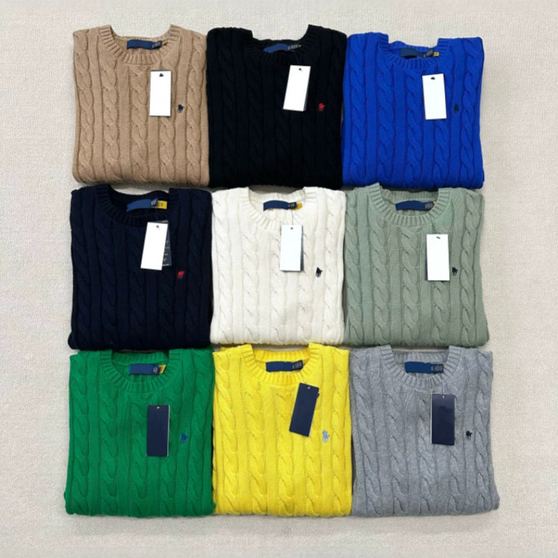 Rl Ralph Lauren Embroidered Crew Neck Cable Knit Sweater, Long Sleeve, Simple Design, Unisex, High Quality / Can Be Scanned for Authenticity