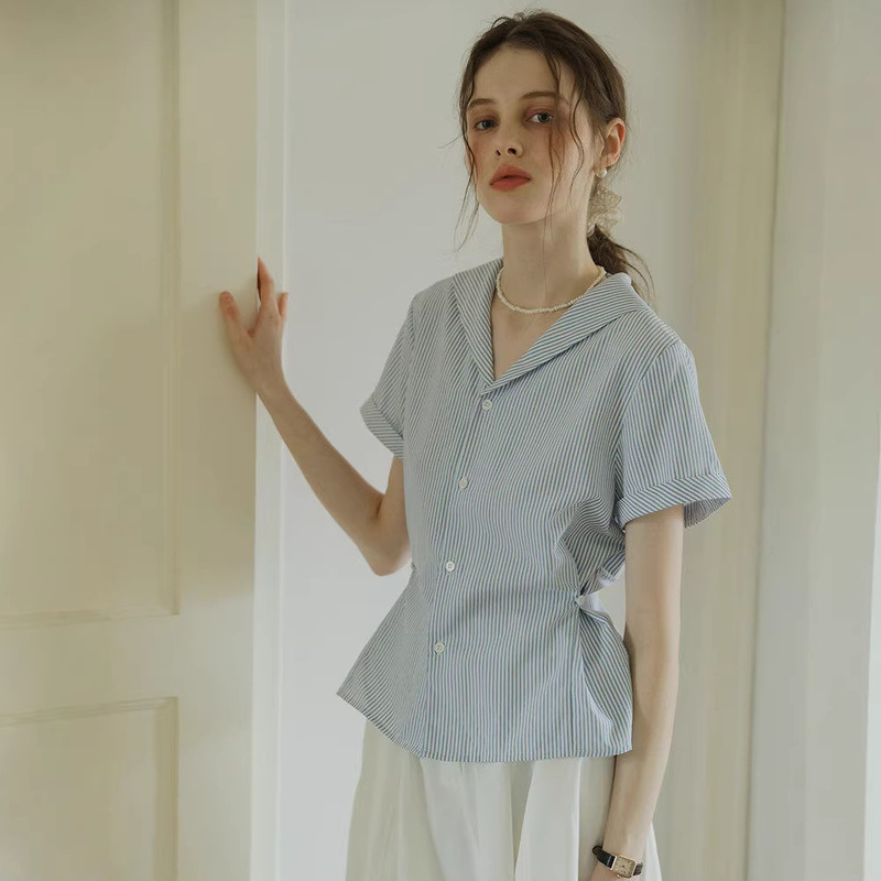 French-Style Navy Collar Blue Striped Short-Sleeve Shirt for Women, Spring and Summer Commuting, Age-Reducing, Slimming, Cinched Waist Design Top French-Style Navy Collar Blue Striped Short-Sleeve Shirt for Women, Spring and Summer Commuting, Age-Reducing, Slimming, Cinched Waist Design Top