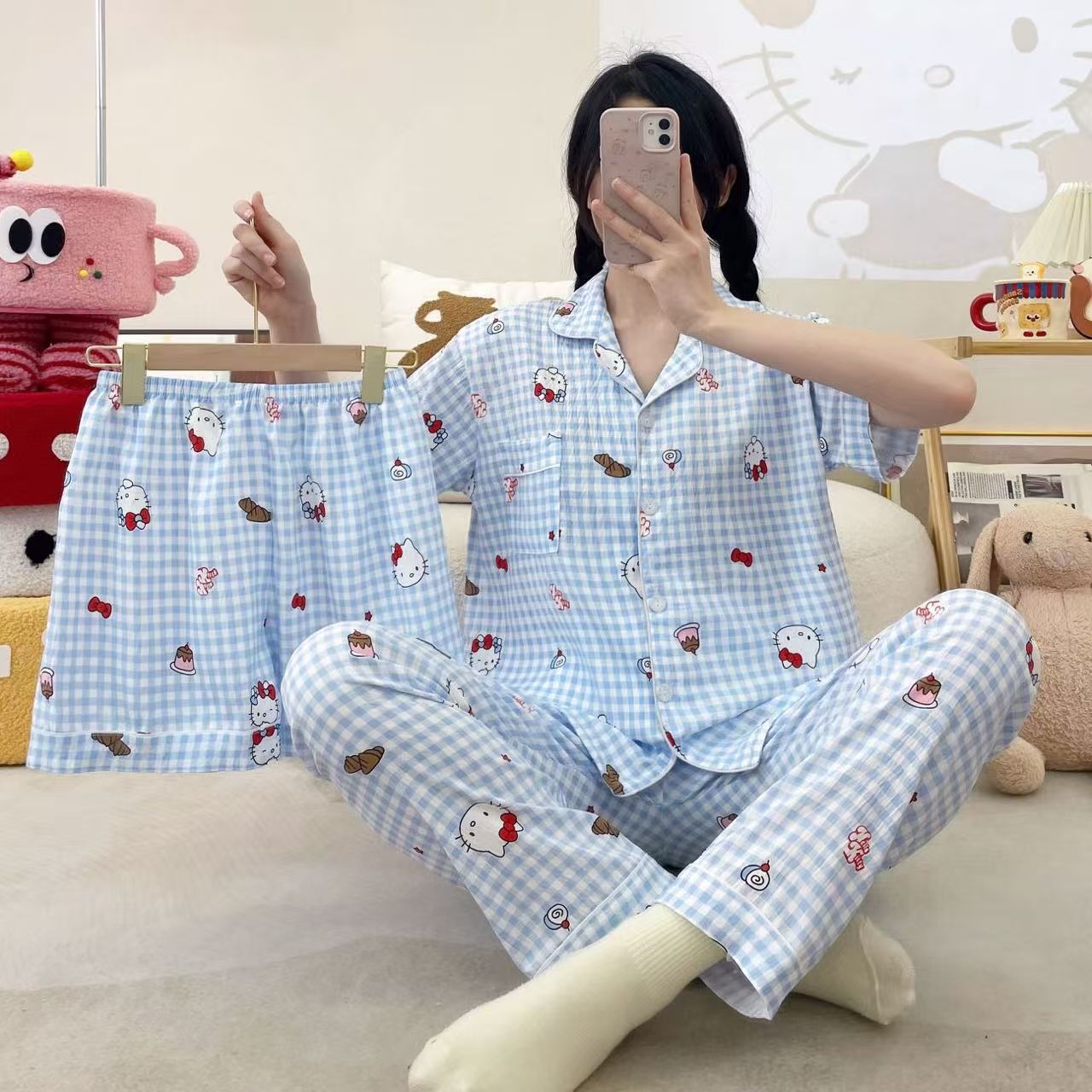 Venta al por mayor transfronteriza 120g pijamas de algodón de nube de verano de manga corta para mujer pantalones cortos de algodón de nube de verano de tres piezas servicio a domicilio de dibujos animados