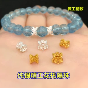 S925 Sterling Silver Gold-Plated Seiko Lotus Bead Two-Way Flower Holder Crystal Toy Braided Hand Rope Necklace DIY Accessories
