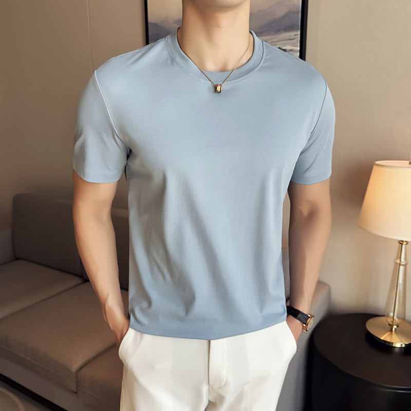 Liquid ammonia water soft cotton short sleeve round neck T-shirt men's 60 Xinjiang long staple cotton solid color 7A antibacterial men's ice silk leisure