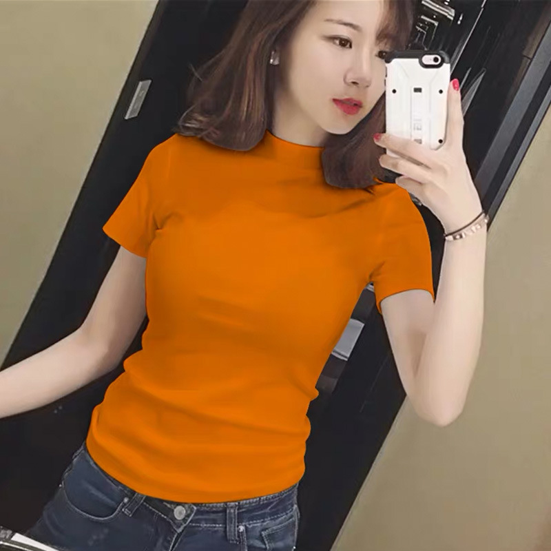 여름 여성용 기질 하프 터틀넥 반팔 티셔츠, 미드 칼라 밑단 셔츠, 반팔 이너웨어, 슬림핏 오버숄더 탑, 트렌디