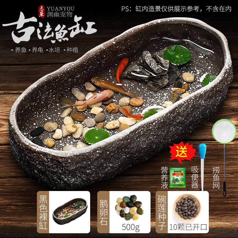 Tanque de peces antiguo, paisajismo ecológico, cuenco, lotus, lenteja de agua, lavabo de cerámica, balcón doméstico, piscina hidropónica, decoración pequeña, piedra de imitación