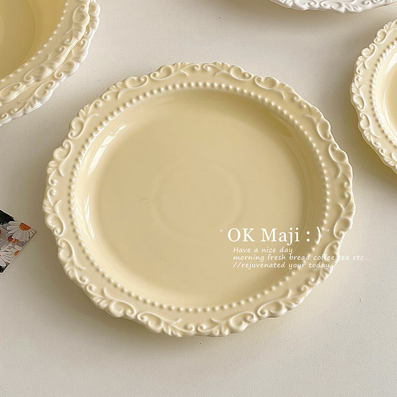 Ins Style Dessert Plate Retro French Tableware Cream Style Plate High-End Dinner Plate Ceramic Western Cake Plate
