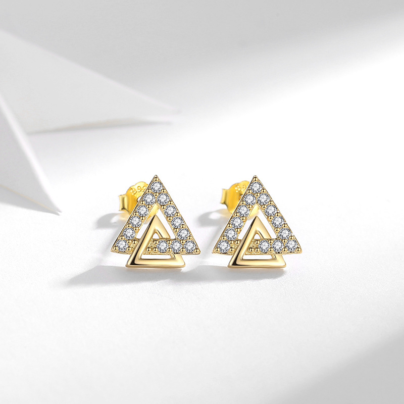 S925 triángulo de plata ZIRCON pendientes geométricos aretes aguja de plata con incrustaciones de las mujeres diseño simple sentido estilo japonés y coreano