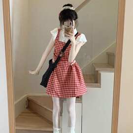 复古红色格子假两件连衣裙女学生夏季新款小个子甜美学院风短裙子