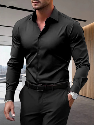 Long-sleeved pure color button-down business shirt for men, large size, wrinkle-resistant, casual wear, elastic