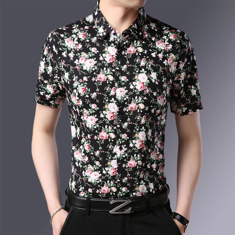 Camisas jóvenes de mediana edad de alta gama para hombres primavera y otoño tendencia floral coreana camisa de algodón nueva camisa floral de manga larga