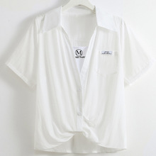 薄款假两件衬衫女韩版短袖2024新款V领上衣设计感小众衬衣