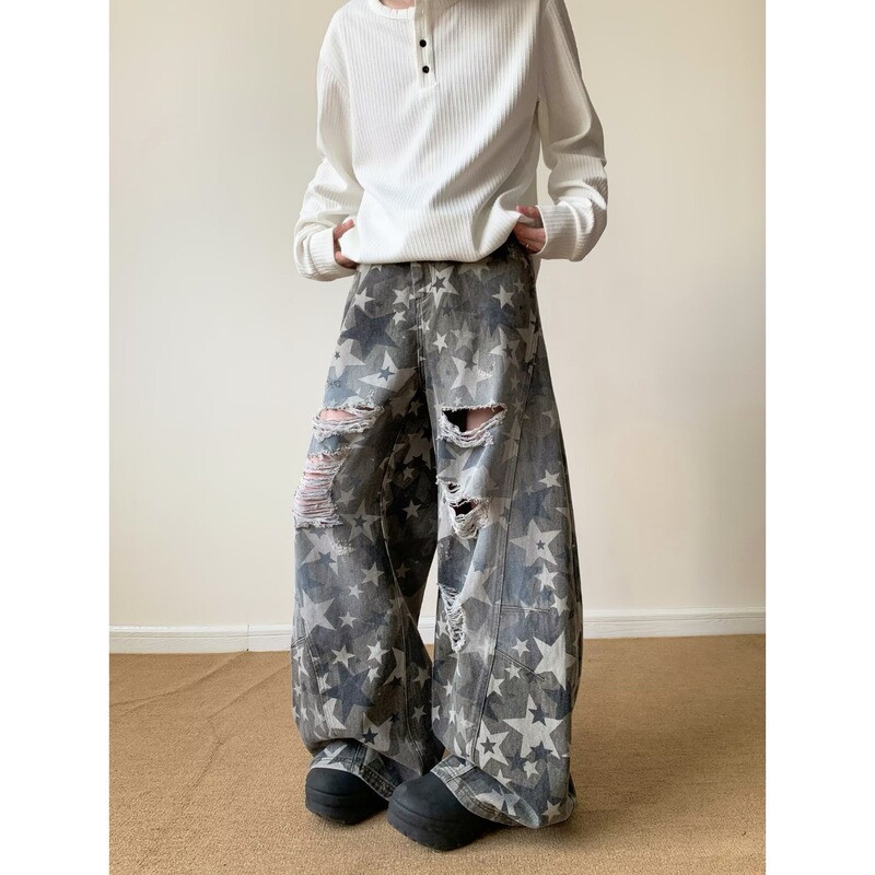 American Hot Girl Design Full-Print Star Ripped Jeans for Women Punk Style Distressed Washed Floor-Length Scimitar Pants