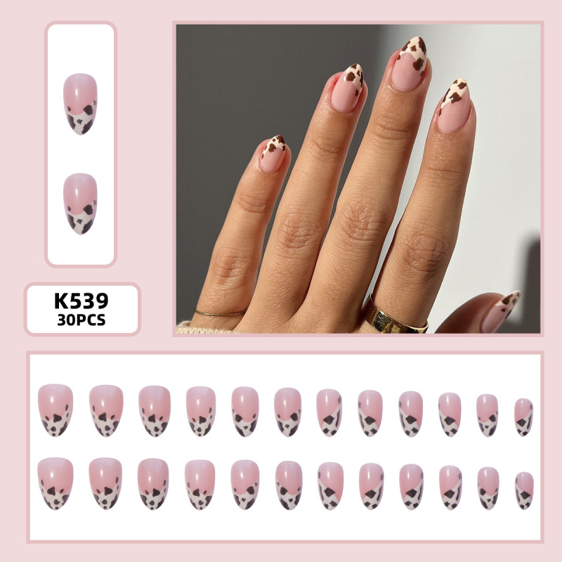 Cow Leopard Print Manicure Short French Almond Wearable Nails Easy to Wear Daily Patch Fake Nails