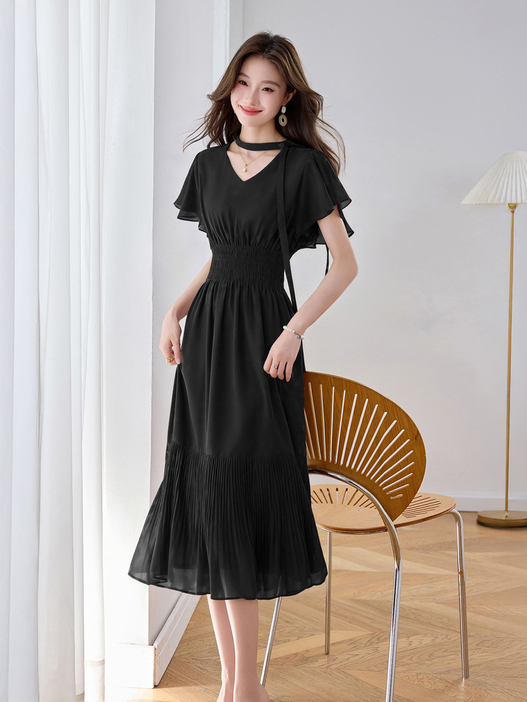 Đầm maxi nữ họa tiết hoa nhí thắt eo dáng chữ A dài quá gối — màu đen, màu hồng