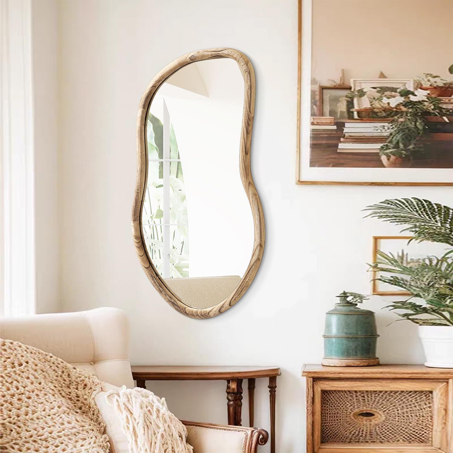 Special-Shaped Wooden Frame Mirror, Irregular Suitable for Makeup Mirror, Dressing Table, Bathroom Mirror, Asymmetrical