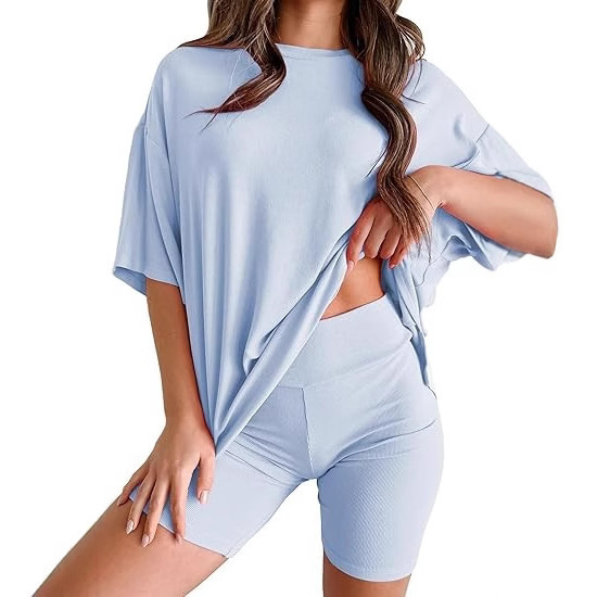 2025 Spring and Summer European and American Cross-Border Amazon New Loose Fashion Pure Color Casual Short-Sleeved Shorts Two-Piece Suit