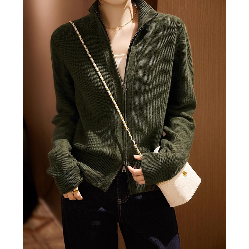 In-Stock Manufacturer Wholesale New Solid Color 3D Osmanthus Needlework Stand Collar Zipper Wool Knit Cardigan for Women