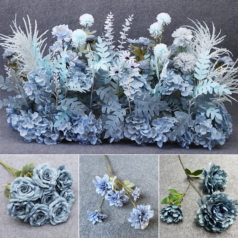 藍色婚慶仿真花假花 婚禮堂路引插花裝飾花藝霧霾藍絹花擺件批發