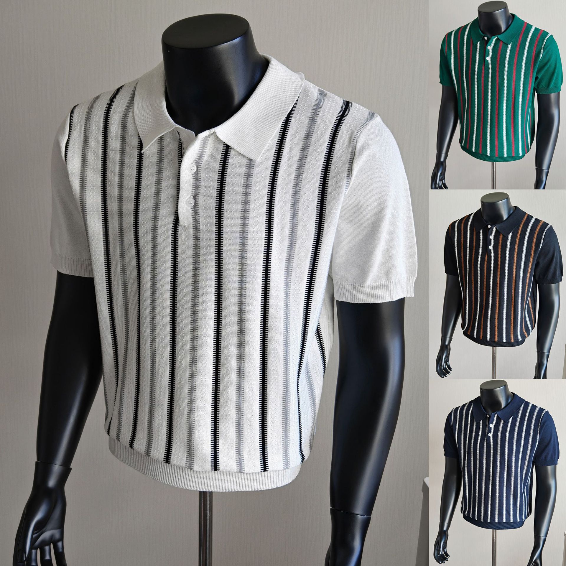 Polo camiseta de punto camiseta de manga corta camiseta de hombre solapa vertical rayas viejos negocios hielo seda fábrica transfronteriza al por mayor