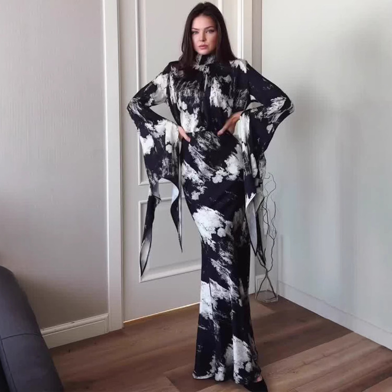 European and American Style Irregular Print Satin Long Dress with Tie Design, Slim Fit, Spring 2025 Amazon-Inspired Cross-Border European and American Style Irregular Print Satin Long Dress with Tie Design, Slim Fit, Spring 2025 Amazon-Inspired Cross-Border