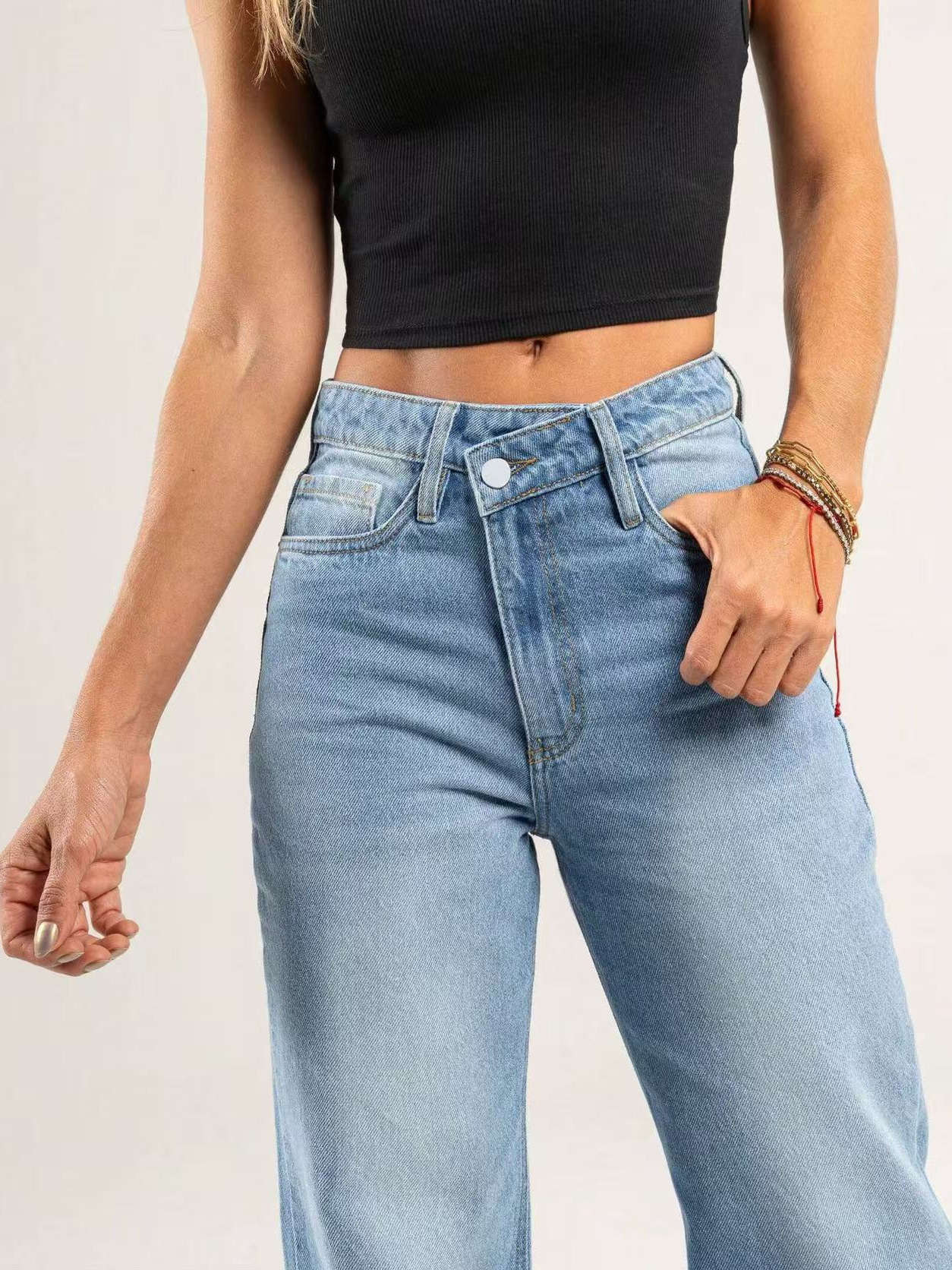 Jeans Rectos de Mujer con Botones Oblicuos de Mezclilla de Algodón y Poliéster, Elásticos, Cintura Media, para Uso Diario image 6