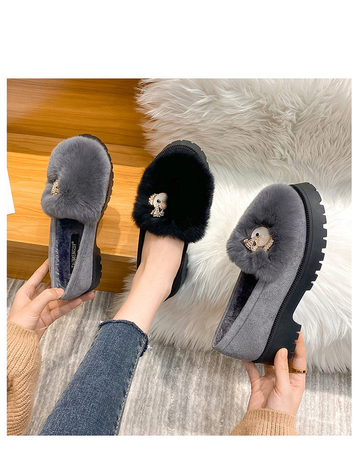 Giày bông nữ lót lông dày, kiểu xỏ chân đế dày chống trơn trượt, gót 3–5 cm — Màu xám, Màu đen chi tiết 13