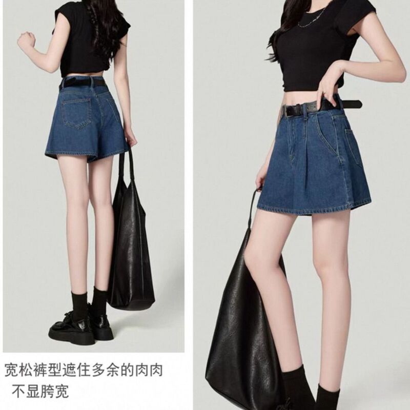 Vintage Denim Shorts for Women 2026 Summer Thin Fashion High-Waisted Loose Slimming Wide-Leg Dark Blue Hot Pants