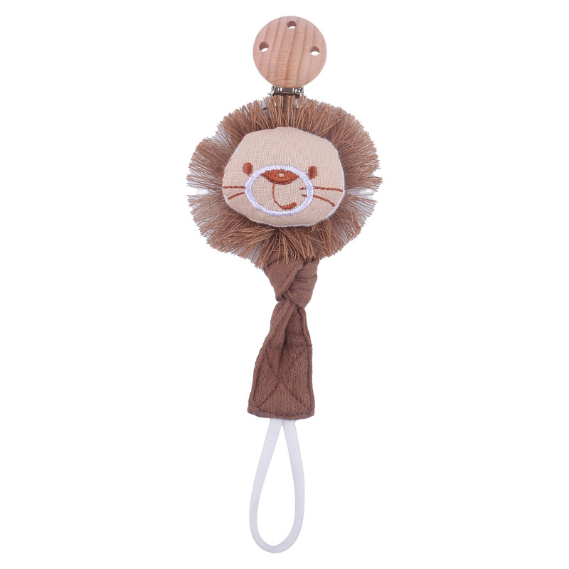 Nuevos suministros para bebés de haya clip de chupete león animal algodón lino cinta chupete cuerda bebé chupete cadena