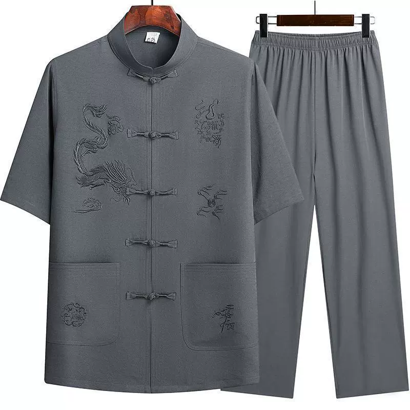 Мужские летние тонкие пижамы в китайском стиле из ледяного шелка с короткими рукавами, костюм Тан, комплект домашней одежды для пап среднего и пожилого возраста