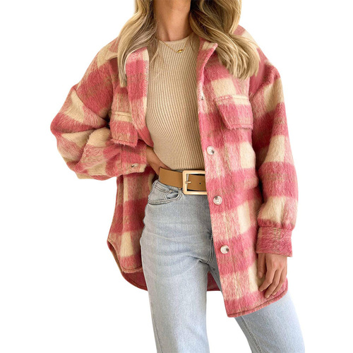  Amazon Autumn and Winter New Women's Clothing Cross-border European and American Amazon Plaid Mohair Coat Woolen Thick Jacket