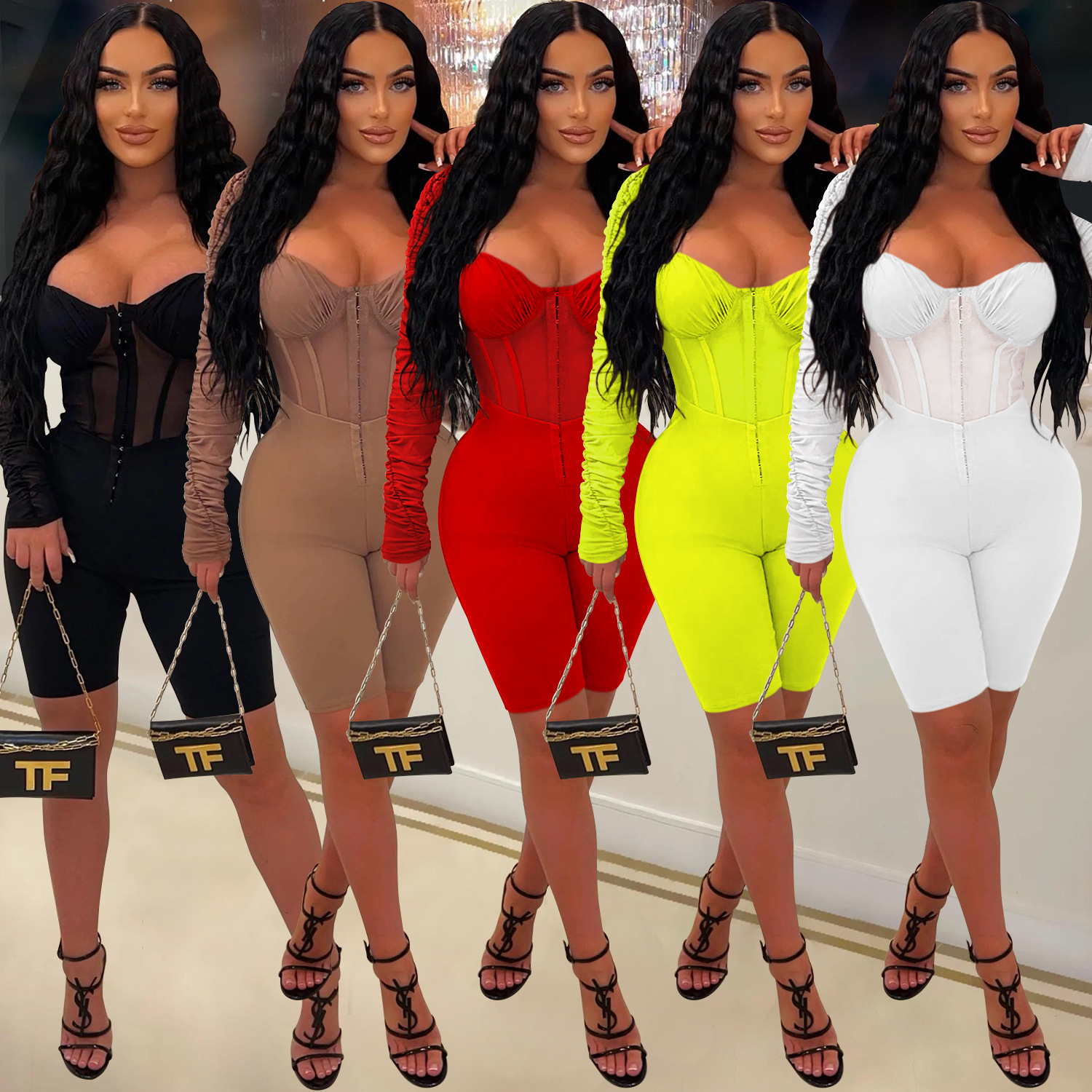 X6121 transfronteriza AliExpress Amazon europeo y americano de la moda de las mujeres de color sólido de manga larga pantalones cortos de malla perspectiva mono