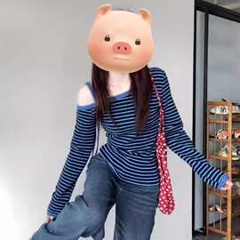大码胖MM240斤显瘦修身条纹上衣春秋季新款纯欲风斜肩长袖t恤女潮