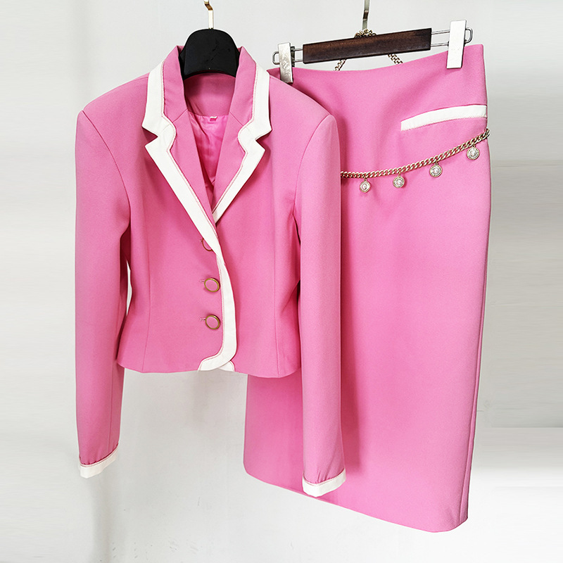 Women's Clothing star fashion white edge contrast small suit jacket mid length skirt suit two piece suit_voghion.com