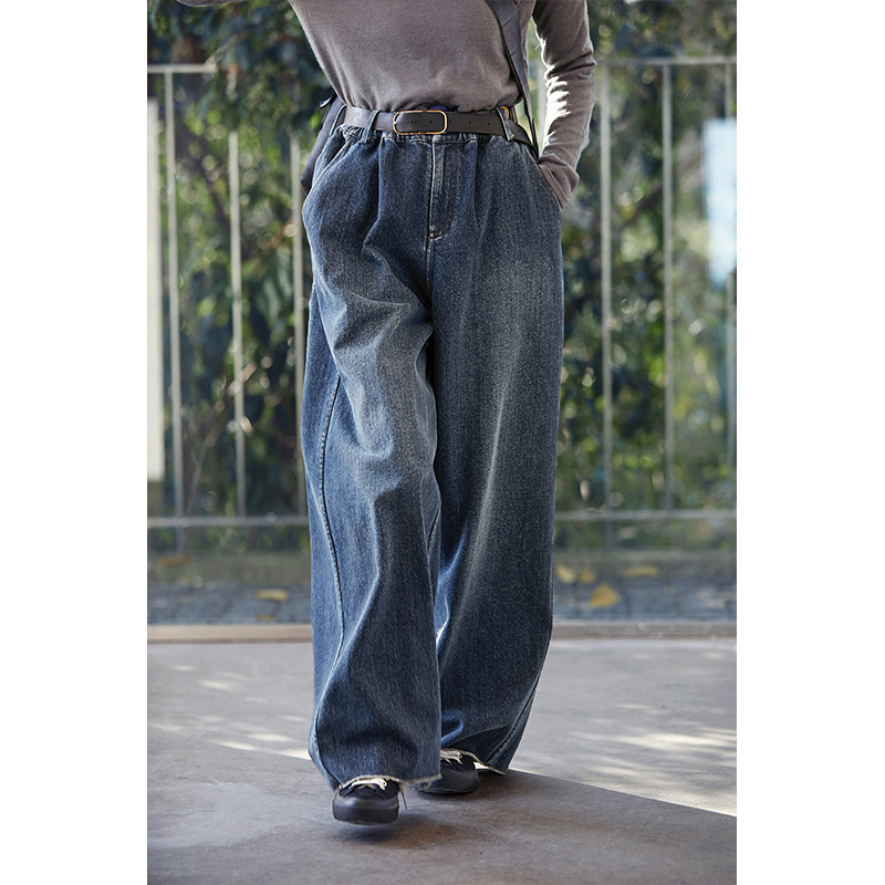 Original Niche Literary Retro Spring, Summer, Autumn and Winter Four Seasons Sea Mist Blue Broad Legs Wandering Loose Waist Slimming Jeans