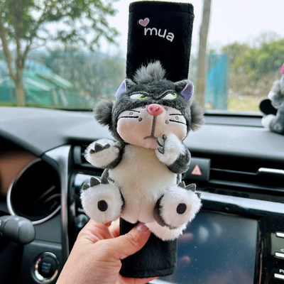Pink Plush Lucifer Cat Anti-Ripper | Sürətlər qutusu və əl tormozu başlıqları - black-safety-belt-shoulder-pads-lu-ximao