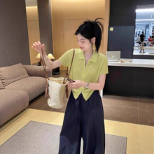 韩系冰丝翻领针织短袖t恤女夏季设计感双拉链Polo衫小个子短上衣