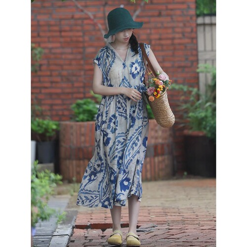 Blue dress for women 25 new summer style high-end exquisite and super good-looking slim cotton and linen skirt