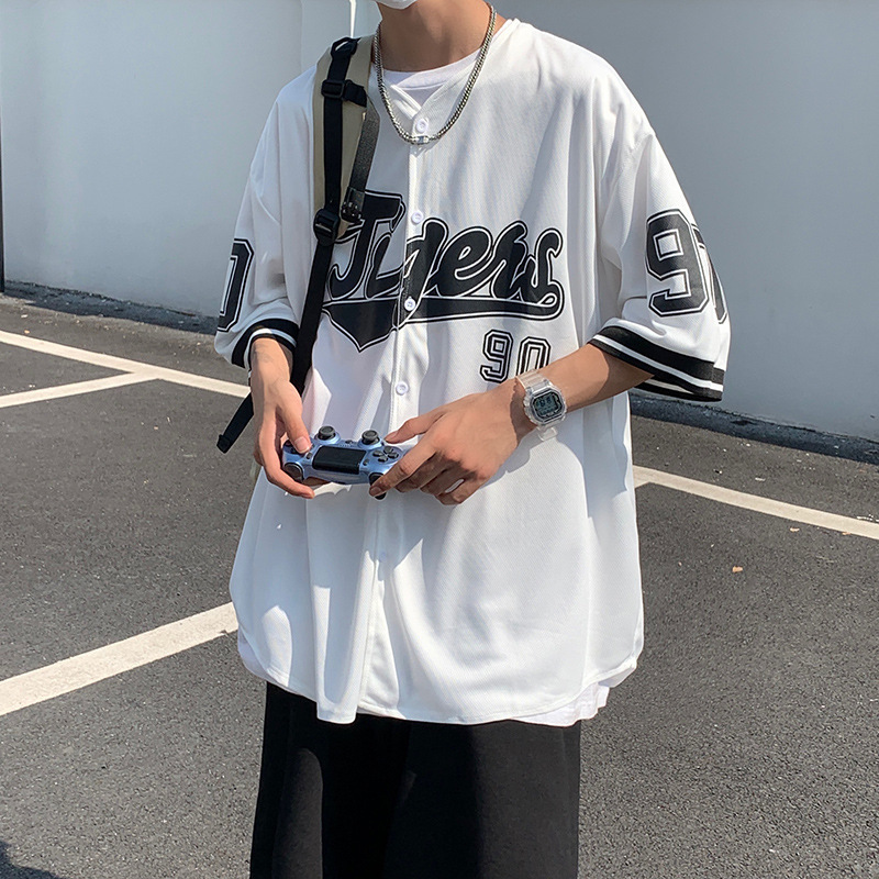 Printed Short-Sleeve T-Shirt for Men and Women, Summer Ins Hong Kong Style Retro Baseball Shirt, Loose Half-Sleeve Tee Shirt