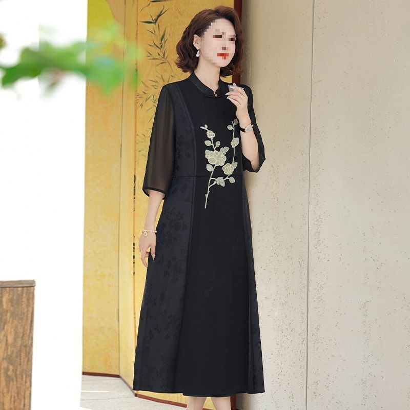 中年妈妈夏装洋气国风连衣裙2025新款阔太太改良旗袍过膝遮肚裙子