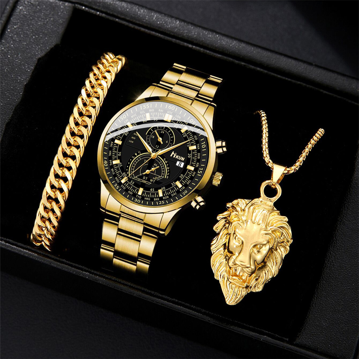 2025 Cross-border New Fashion Trendy Business Men's All-match Steel Band Quartz Watch Bracelet Lion Necklace suit