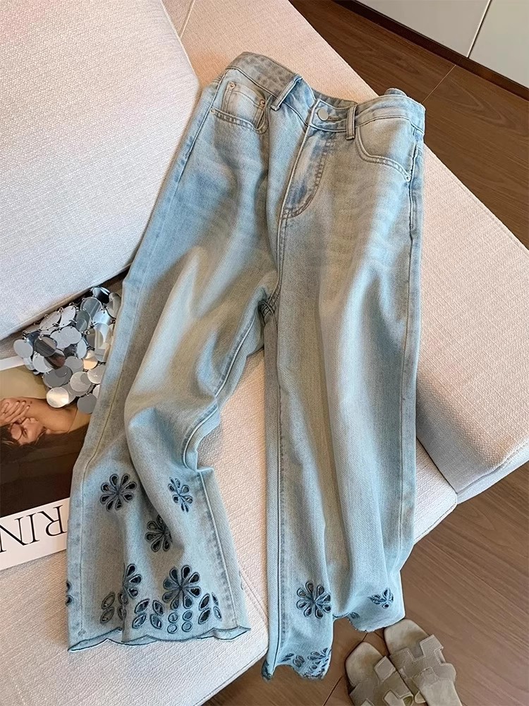 Tencel Hollow Flower Embroidery Straight Jeans Women's Autumn Thin Large Size High Waist Skinny Wide Leg Nine-point Pants_ecoleips.com