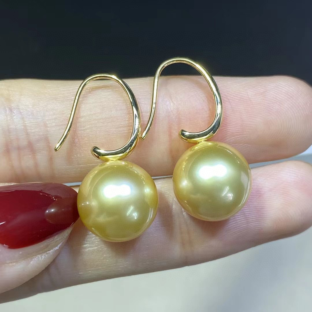 厚金版18k南洋海水金珠高跟鞋耳钩 11-12mm正圆强光浓金珍珠耳环