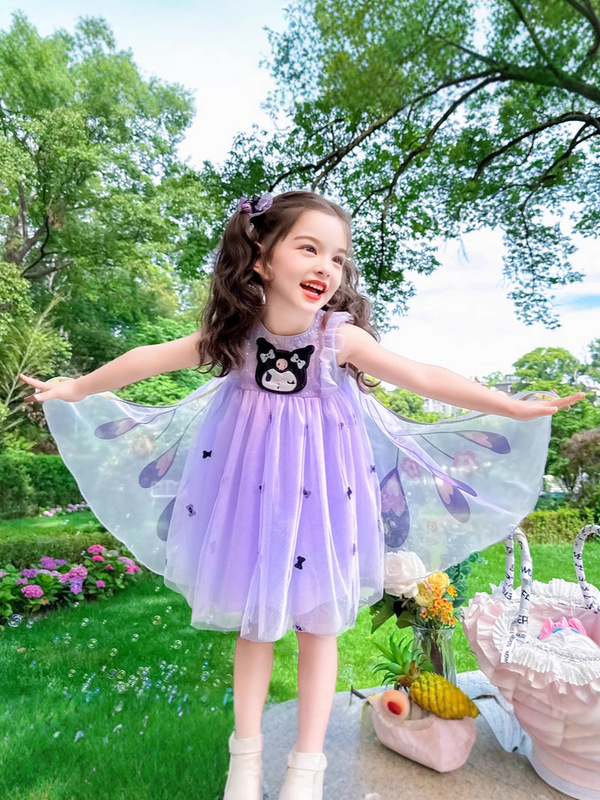クロミの女の子のワンピースの夏服2025子供のネットの糸の王女のスカートの女性の赤ちゃんの夏のベストのスカートの翼のスカート|undefined