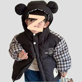 【反季清仓】新款拼色格子卡通儿童羽绒服加厚宝宝冬季外套